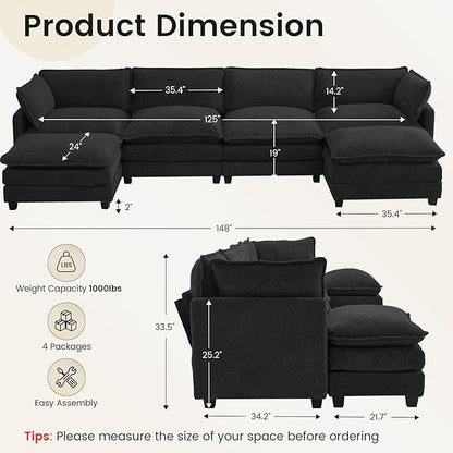 ROWHY Oversized Modular Sectional Couch with 2 Movable Ottoman, 148" Modern Convertible U Shaped Sofa Set, 4 Seat Comfy Cloud Couch with 2 Throw Pillows, for Living Room, Chenille, Black