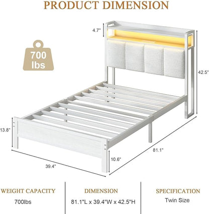 Twin Bed Frames with Charging Station and LED Lights, Metal Platform Bed Frame Twin with Upholstered Storage Headboard, Heavy Duty Metal Slats Support, No Box Spring Needed, Easy Assembly, White