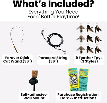 Forever Stick and 9 Cat Feather Toy Refills - The Unbreakable Cat Wand Toy, Durable Cat Toy Wand, Extra Long Cat String Toy, Cat Fishing Pole Toy for Bored Indoor Adult Cats, Cat Stick Toy
