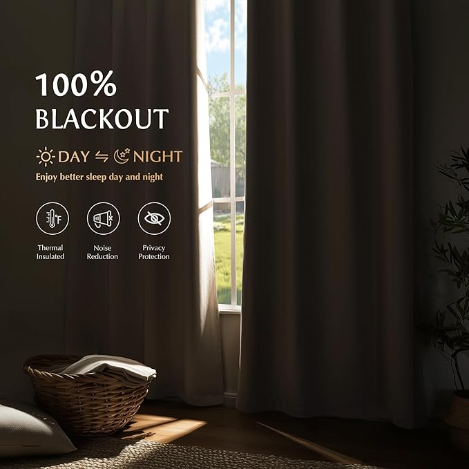 Beauoop 100% Blackout Curtains 63 Inch Long 2 Panels