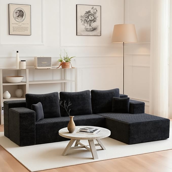 106'' Boneless Couches for Living Room, L Shaped Modular Sectional Sofa with Chaise Lounge, Faux Rabbit Fur & Layered Cushion Deep Seat Cloud Couch, No Assembly (Black, Right Facing Chaise)