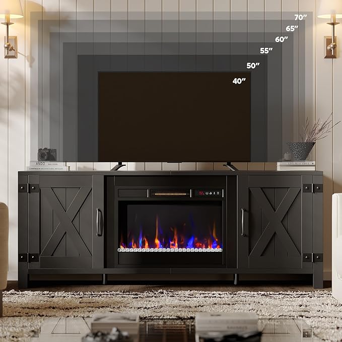 Bestier 63" Fireplace TV Stand for TVs Up to 70", Farmhouse Barn Door