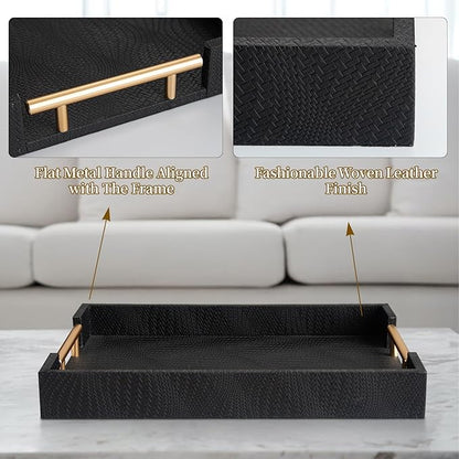 2 Piece Woven Leather Ottoman Tray with Gold Handles, Perfect Rectangular Serving Tray for Living Room, Coffee Table Tray as Thoughtful Gift for Home Decor Enthusiasts (Black)