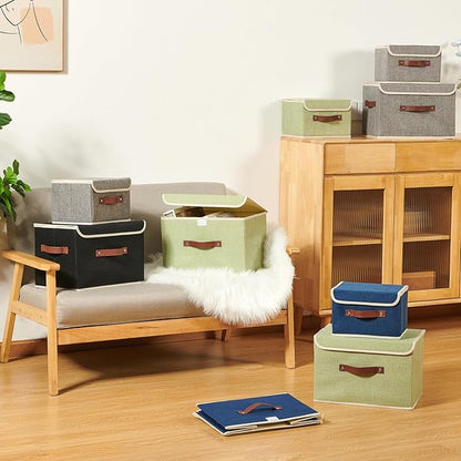 2PCS Storage Boxes with Lid Cotton Linen Fabric Storage Bins Organizer Container Decorative Collapsible Washable Shelf Closet Baskets Faux Leather Handles Home Bedroom (Green, Large Size)