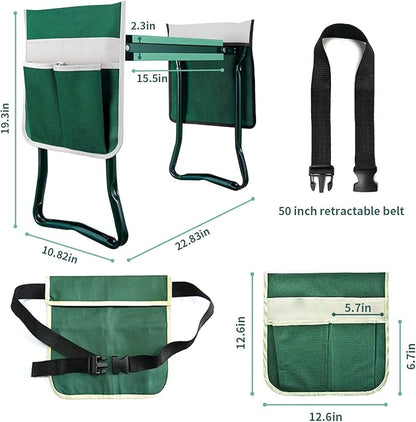 BDL Garden Kneeler and Seat, Upgraded Folding Bench Stool Portable Kneeler, Sturdy Gardening Tools with 2 Free Tool Pouch, Detachable Belt, A Pair of Garden Gloves, EVA Kneeling Pad