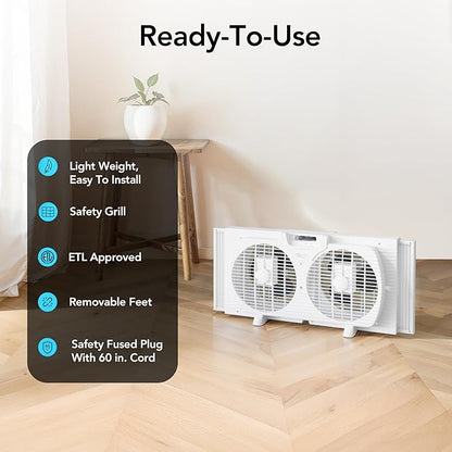 Comfort Zone Window Fan for Bedroom, 9 inch 3 Speed Dual Fans