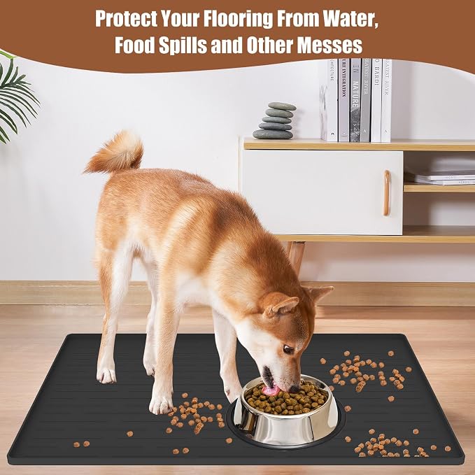 24"x16" Large Dog Food Mat, Silicone Dog and Cat Mats for Food and Water Bowls, Waterproof Raised Edge Pet Feeding Mat for Contain Spills Protects Floors, Multiple Colors & Sizes for Pets, Dark Green