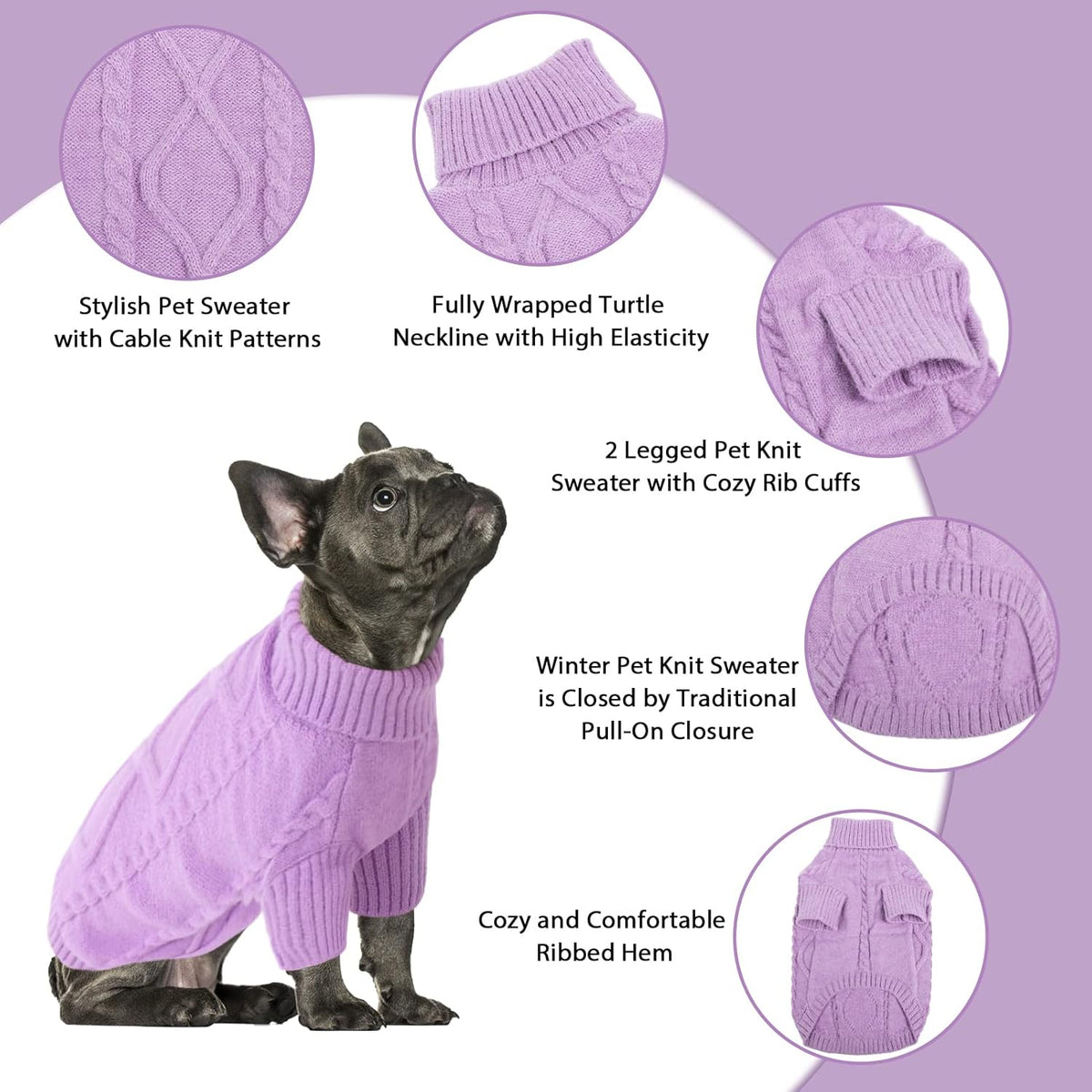 Queenmore Small Dog Pullover Sweater, Cold Weather Cable Knitwear, Classic Turtleneck Thick Warm Clothes for Chihuahua, Bulldog, Dachshund, Pug (Lilac, X-Large)