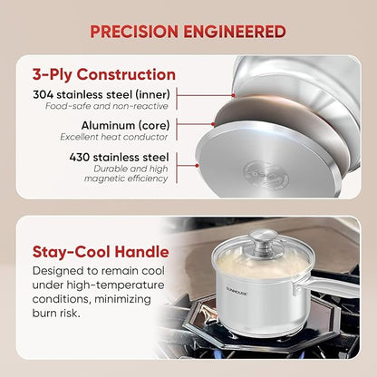 SUNHOUSE – 3 Quarts Stainless Steel Sauce Pan