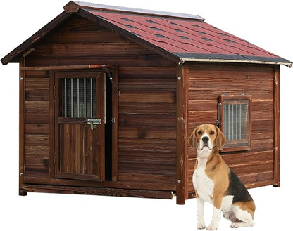 Outdoor Dog House, Solid Pine Wood Dog House with Waterproof Roof, Small Pet House with Elevated Floor and Window for Small Medium Dog, L
