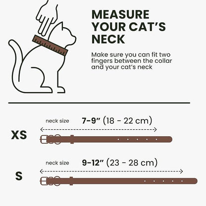 BRONZEDOG Leather Cat Collar with Removable Bells Non Breakaway Kitten QR Tag for Girl Boy (9" - 12" Cats/Mini Dogs, Dark Brown & Gold)