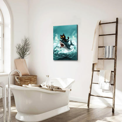 Funny Black Cat Bathroom Wall Art Cute Cat Riding Shark Canvas Wall Decor Animal Kitten Pictures Painting Print Artwork Framed Decorations Gifts for Cat Lover Kids Room Bedroom 16"x24"