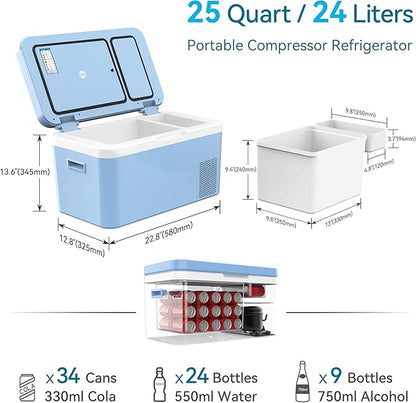 Dual Zone Car Fridge Portable 12 Volt Refrigerator 25 Quart 12V Freezer