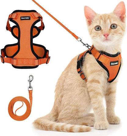 Dooradar Cat Harness and Leash Set, Escape Proof Safe Adjustable Kitten Vest Harnesses for Walking, Easy Control Soft Breathable Mesh Jacket with Reflective Strips for Cats, Orange, S