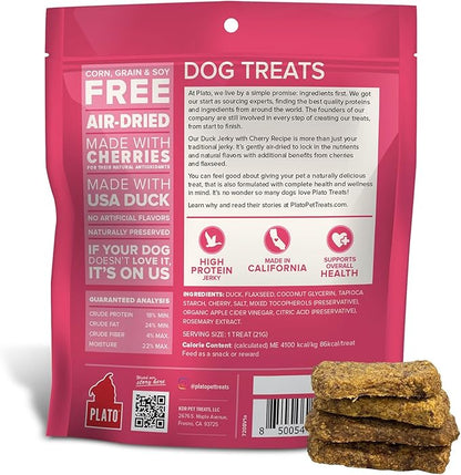 PLATO Pet Treats Jerky Dog Treats - Air-Dried Jerky for Dogs - Delicious, Real Meat Dog Treats - Grain Free - Supports Healthy Digestion - Duck Jerky with Cherry 7oz