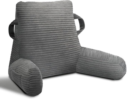 ABROLOY Reading Pillow for Sitting in Bed Adult, Bed Reading Pillow with Shredded Memory Foam, Back Pillow for Sitting with Arms and Pockets, Gery