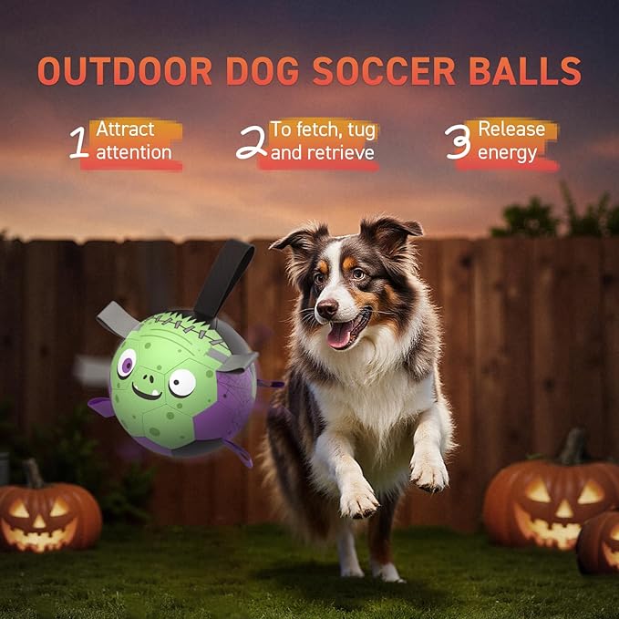 QDAN Halloween Dog Toys Soccer Ball: Premium Dog Soccer Balls with Straps- Outdoor Herding Balls Toys for Small Medium Dogs- Puppy Pet Birthday Gifts- 6 Inch Purple Green