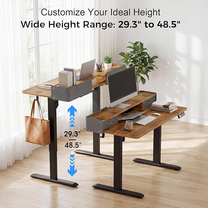 Electric Standing Desk with Drawers, 63 Inch Height Adjustable Desk with Power