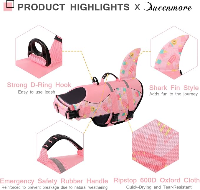 Dog Life Jacket High Flotation, Reflective, Adjustable Dog Life Preserver Rescue Handle, Spring Summer Pool for Small, Medium, Large Dogs (Pink Ice Cream, L)
