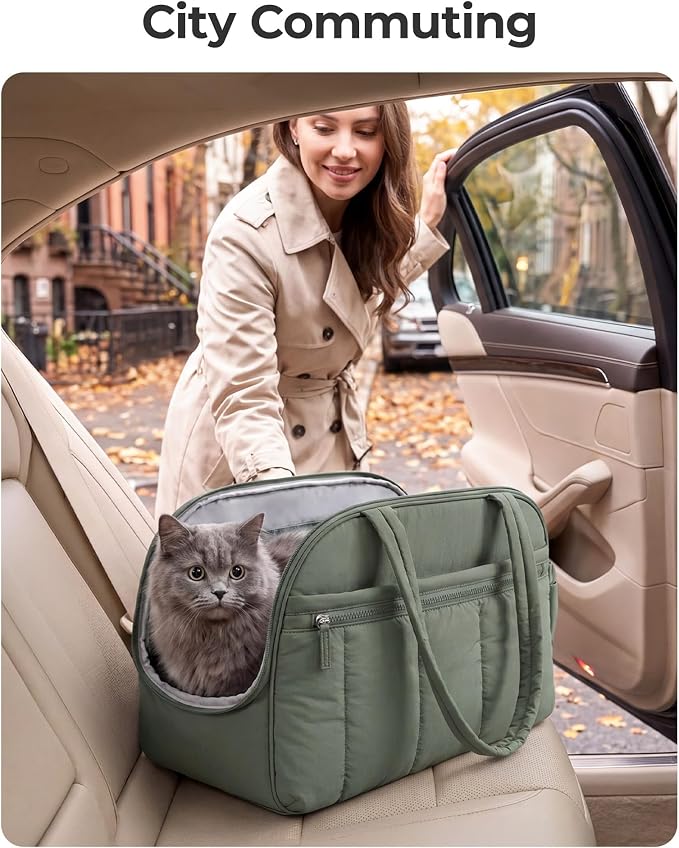 BAGSMART Dog Purse Carrier for Small Dogs Up to 13lbs Puppy Travel Tote Bag | Quilted Puffy Soft Sided Pet Handbag with Pockets, Collapsible Lightweight Portable Carrying with Safety Tether & Mat, Green