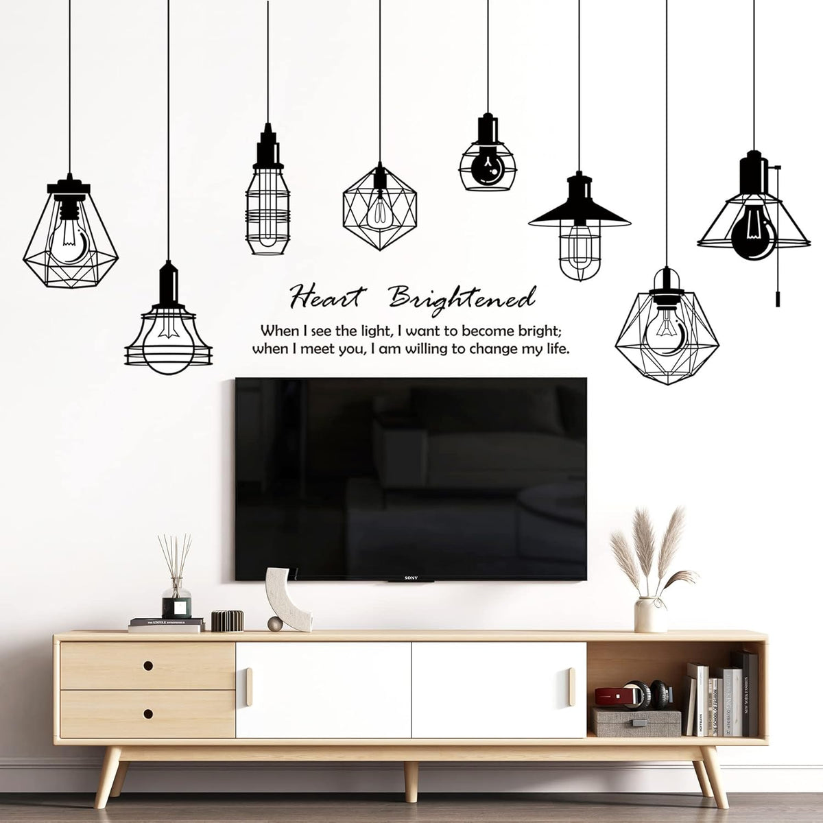 Removable 8pcs Hanging Black Vinyl Chandeliers Wall Sticker Quotes Heart Brightened Wall Decal DIY Peel and Stick Decor for Kids Boys and Girls Bedroom Living Room Studyroom Playroom Classroom
