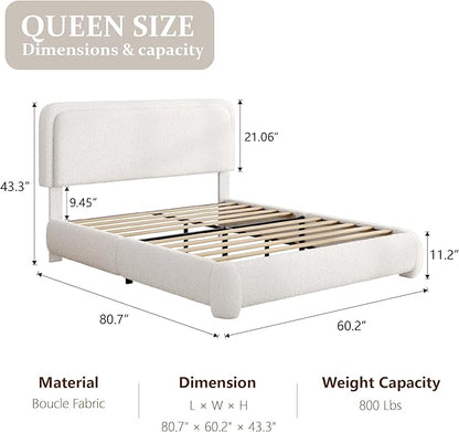 Queen Bed Frame with Headboard Adjustable, Boucle Upholstered Platform Bed Frame Queen Size, Anti-Collision Soft Rounded Corners, No Box Spring Needed, Noise-Free, Easy Assembly, White