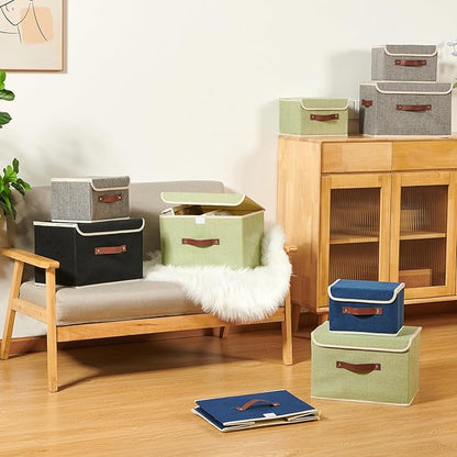 Storage Boxes with Lid Cotton Linen Fabric Storage Bins Organizer Container Decorative Collapsible Washable Shelf Baskets Faux Leather Handles for Home Bedroom Closet (Black, Large Size)