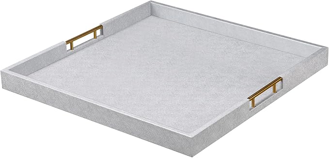 20x20 Inches Large Silver Faux Leather Wrapped Wood Ottoman Tray with Handles for All Occasions, Serving Food Breakfast On Bed, Home Decor Decorative, Living Room,Square Coffee Table Organizer