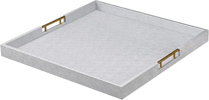 20x20 Inches Large Silver Faux Leather Wrapped Wood Ottoman Tray with Handles for All Occasions, Serving Food Breakfast On Bed, Home Decor Decorative, Living Room,Square Coffee Table Organizer