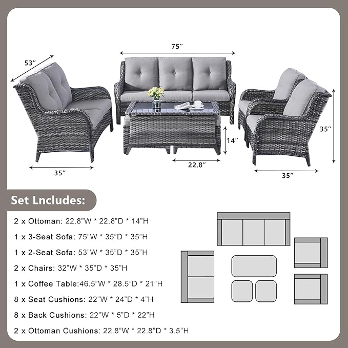 Rilyson Outdoor Patio Furniture Sofa Set - 7 PC Rattan Wicker Patio Sectional Conversation Sets with Sofa,Loveseat,Coffee Table,Armrest Chairs and Ottomans for Porch Deck Garden(Mixed Grey/Grey)