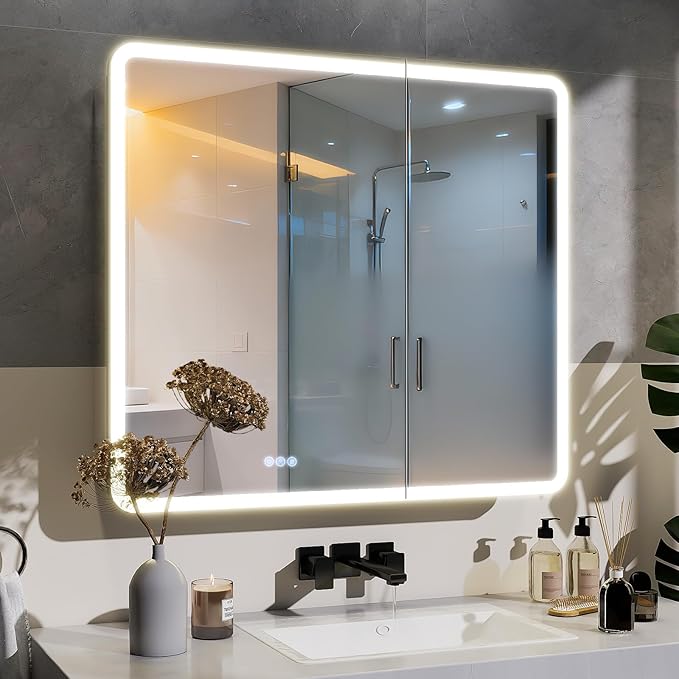 BEAUTYPEAK 36 x 32 LED Bathroom Medicine Cabinet Mirror, Adjustable Shelves