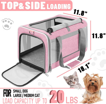Cat Carrier 20lbs Top Open/Soft Sided Small Pet Dog Travel Carrying Crate/Collapsible Puppy Transport Carry Bag/Sturdy Pet Cages Chihuahuas Mini Dog 10lbs Pink