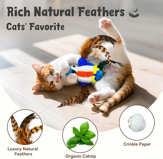 Interactive Cat Toys for Indoor Cats, Hanging Catnip Electric Kitten Toys - Automatic Flying Bird Cat Wand Toy for Bored Indoor with Timer Touch Start
