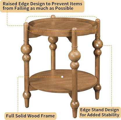 23" Round End Table, Mid Century Modern Side Table with Solid Wood Frame and Top, Small Night Stand for Living Room Office Apartment, Wood