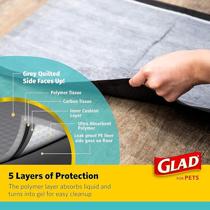Glad for Pets Black Charcoal Puppy Pads - Super Absorbent Disposable Dog Pee Pads, Potty Training Pads, and Pet Supplies - Grey Dog Pee Pads for Crate Training and Indoor Use 17.5" x 23.5" - 120 Count