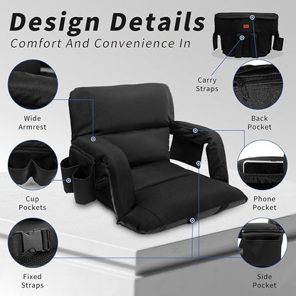 Aventorixis Extra Wide Stadium Seats with Back Support – 2 Pack Sofa-Style Bleacher Chairs, Thick Cushions, 6 Reclining Positions(Black-2 Pack,Wide|25")