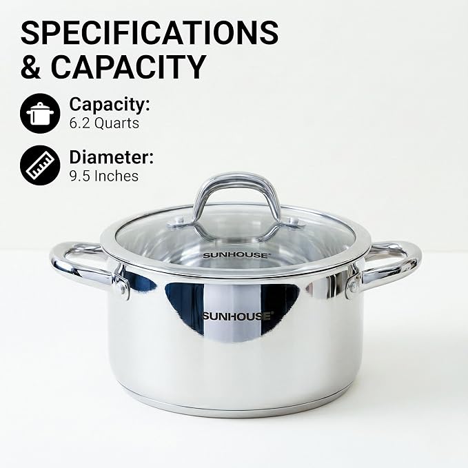 Sunhouse Professional 6.2-Quart Whole-Clad Multi-Ply Stainless Steel Stock Pot