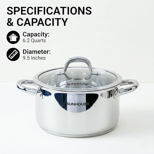 Sunhouse Professional 6.2-Quart Whole-Clad Multi-Ply Stainless Steel Stock Pot