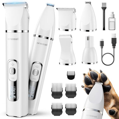 oneisall 4 in 1 Dog Grooming Kit with LCD Display, Dog Hair Trimmer for Paw Nail Grinder, Rechargeable Cordless Low Noise IPX7 Waterproof Pet Clippers (White)