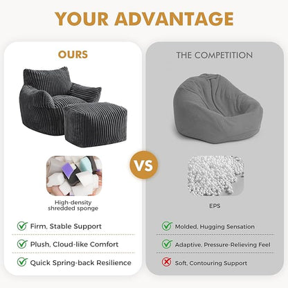 JULY'S SONG Bean Bag Chair with Ottoman for Adults, Fluffy Grey Lazy Couch Sofa Chair with Armrests for Living Room, Bedroom & Dorm