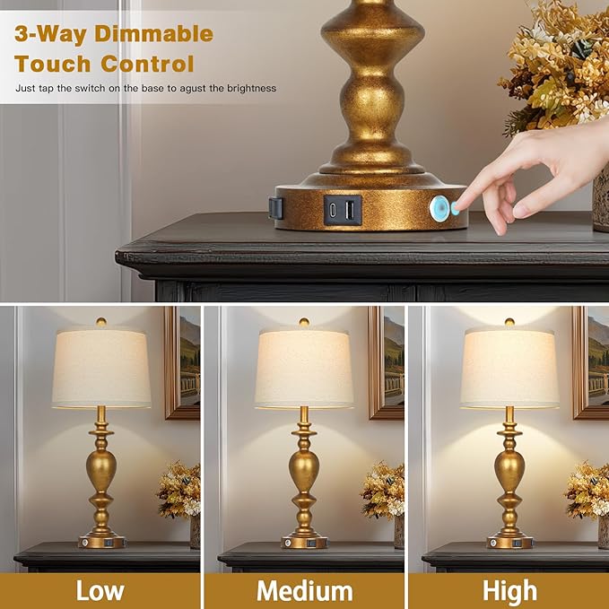 28" Farmhouse Table Lamps Set of 2 with USB C+A Ports & AC Outlet for Vintage Living Room Retro Bedroom,3-Way Dimmable Touch Lamp Resin Bedside Lamps for Nightstand Side End Table, Brass