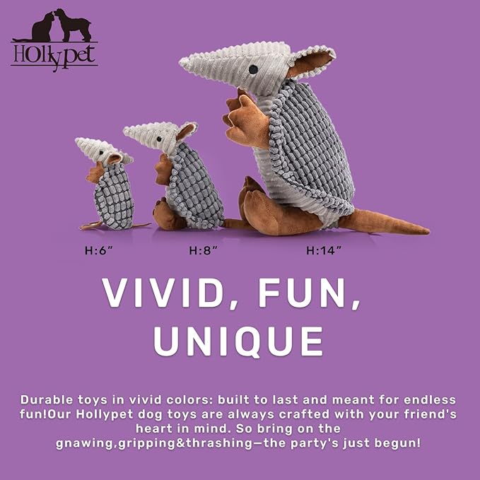 Hollypet Plush Dog Squeaky Toy Stuffed Armadillo Animal Pet Puppy Chew Toys with Clean Teeth for Small Medium Large All Breed Sizes Dogs, Dark Gray, 14 in