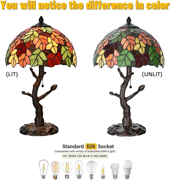 TL0021 Maple Leaves Tiffany Table Lamp Stained Glass Shade Reading Desk Light 12 X 20 Inches for Bedroom Living Room, Handcrafted Art Deco for Home Office, LED Bulb Included (Maple Leaves)