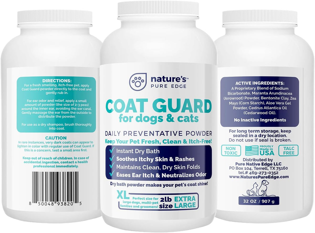 Coat Guard Dry Shampoo for Dogs and Cats - Extra Large 2 lbs Jar, Dog Dry Shampoo Powder, Waterless Dog Shampoo, Anti Itch Relief, Cedar Scented, Anti Dandruff, Hot Spots, Nature's Pure Edge