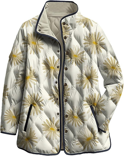 LIZALIG Women's Cropped Puffer Jacket Lightweight Floral Print Long Sleeve Padded Quilted Puffy Cardigan Coat