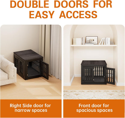 32" Heavy Duty Dog Crate Furniture for Small,Medium and Large Dogs,Rustic Wooden Dog Cage Kennel Indoor Furniture with Waterproof Top,Decorative Pet House Side End Table (Black & Grey)