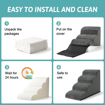 Dog Stairs for Small Dogs 19.7" H, Curved Dog Step for Puppy, Older or Cat, Medium Pet Ramp for Sofa, Couch or Bed, Ladder with High Density Foam, 15.7x28.3x19.7 inch, 4 Step, Dark Grey