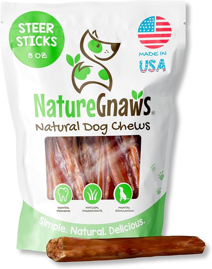 Nature Gnaws USA Steer Sticks for Dogs 5-7" (8oz) - Mixed Thickness - Long Lasting for Aggressive Chewers and Large Dogs - Natural Beef Bully Dog Chew Bones