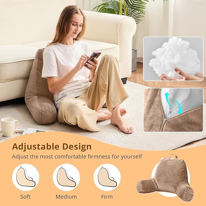 Sasttie Reading Pillow, Velvet Back Pillow for Bed Sitting Up, Adult Back-Rest Support Cushion with Arms for Sit Up on Couch, Sofa, and Floor, Dorm Essentials, Reading Accessories, Light Brown
