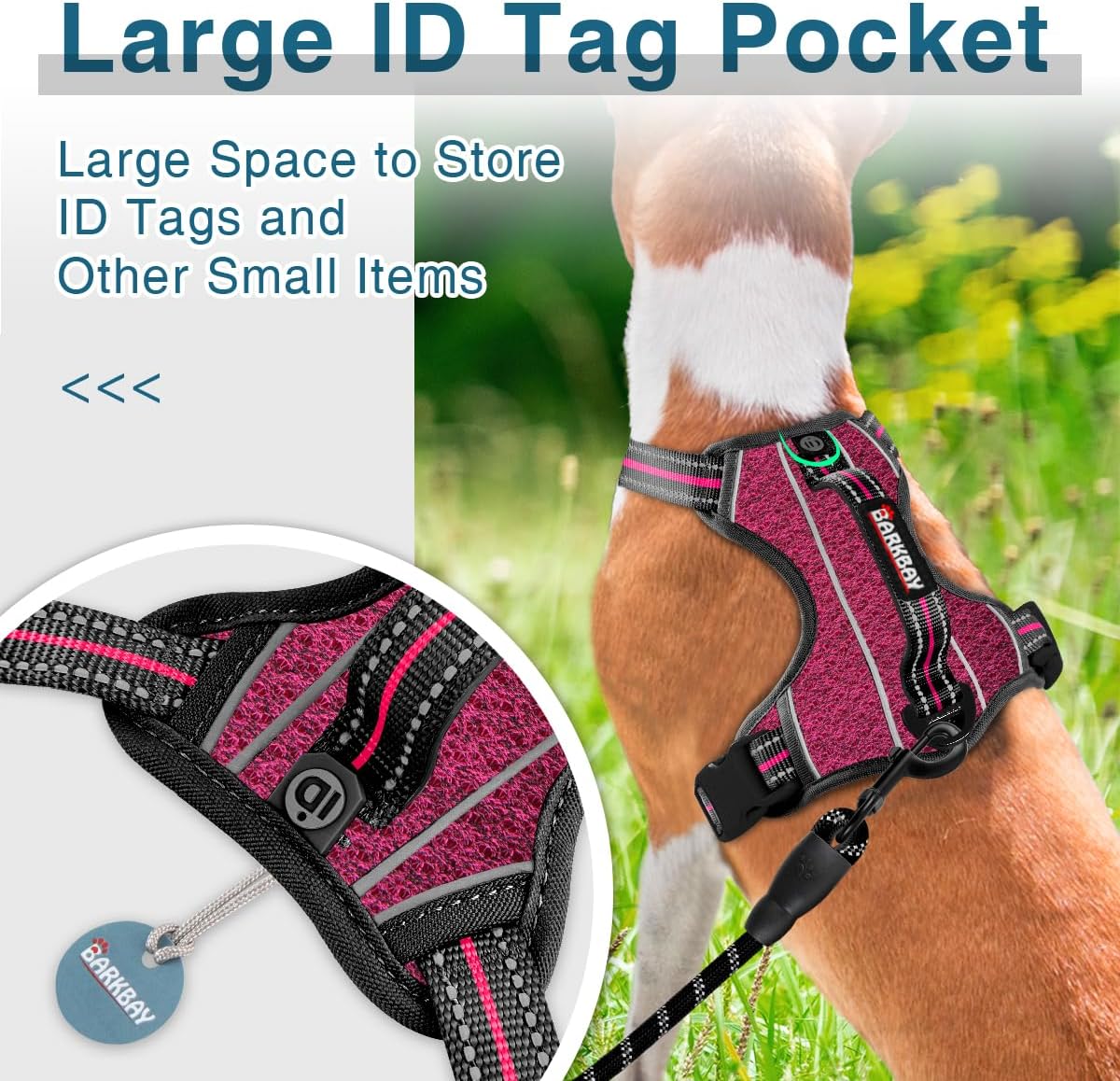 BARKBAY Dog Harness No Pull with ID Tag Pocket - Heavy Duty, Reflective, Easy Control for Large Dogs(Pink/Black,M)
